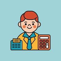 This is a cartoon image of a person with short red hair and a yellow suit and tie. They are sitting at a desk with a stack of books, a notepad, and a pen on it. vector