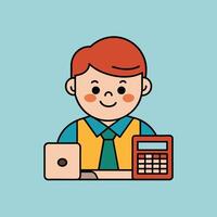 This is a cartoon image of a person with short red hair and a yellow suit and tie. They are sitting at a desk with a stack of books, a notepad, and a pen on it. vector