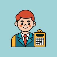 This is a cartoon image of a person with short red hair and a yellow suit and tie. They are sitting at a desk with a stack of books, a notepad, and a pen on it. vector