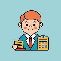 This is a cartoon image of a person with short red hair and a yellow suit and tie. They are sitting at a desk with a stack of books, a notepad, and a pen on it. vector