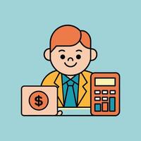 This is a cartoon image of a person with short red hair and a yellow suit and tie. They are sitting at a desk with a stack of books, a notepad, and a pen on it. vector