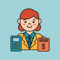 This is a cartoon image of a person with short red hair and a yellow suit and tie. They are sitting at a desk with a stack of books, a notepad, and a pen on it. vector