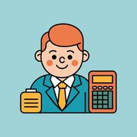 This is a cartoon image of a person with short red hair and a yellow suit and tie. They are sitting at a desk with a stack of books, a notepad, and a pen on it. vector