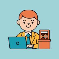 This is a cartoon image of a person with short red hair and a yellow suit and tie. They are sitting at a desk with a stack of books, a notepad, and a pen on it. vector