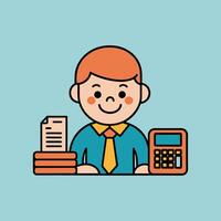 This is a cartoon image of a person with short red hair and a yellow suit and tie. They are sitting at a desk with a stack of books, a notepad, and a pen on it. vector