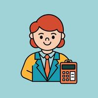 This is a cartoon image of a person with short red hair and a yellow suit and tie. They are sitting at a desk with a stack of books, a notepad, and a pen on it. vector