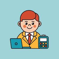 This is a cartoon image of a person with short red hair and a yellow suit and tie. They are sitting at a desk with a stack of books, a notepad, and a pen on it. vector