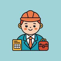 This is a cartoon image of a person with short red hair and a yellow suit and tie. They are sitting at a desk with a stack of books, a notepad, and a pen on it. vector