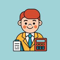 This is a cartoon image of a person with short red hair and a yellow suit and tie. They are sitting at a desk with a stack of books, a notepad, and a pen on it. vector