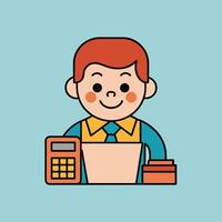 This is a cartoon image of a person with short red hair and a yellow suit and tie. They are sitting at a desk with a stack of books, a notepad, and a pen on it. vector