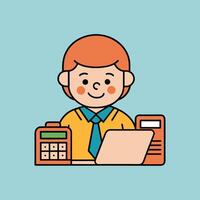 This is a cartoon image of a person with short red hair and a yellow suit and tie. They are sitting at a desk with a stack of books, a notepad, and a pen on it. vector