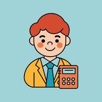 This is a cartoon image of a person with short red hair and a yellow suit and tie. They are sitting at a desk with a stack of books, a notepad, and a pen on it. vector