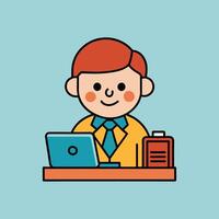 This is a cartoon image of a person with short red hair and a yellow suit and tie. They are sitting at a desk with a stack of books, a notepad, and a pen on it. vector