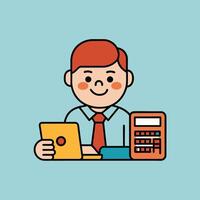 This is a cartoon image of a person with short red hair and a yellow suit and tie. They are sitting at a desk with a stack of books, a notepad, and a pen on it. vector