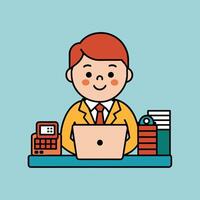 This is a cartoon image of a person with short red hair and a yellow suit and tie. They are sitting at a desk with a stack of books, a notepad, and a pen on it. vector