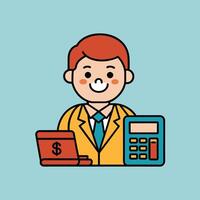 This is a cartoon image of a person with short red hair and a yellow suit and tie. They are sitting at a desk with a stack of books, a notepad, and a pen on it. vector