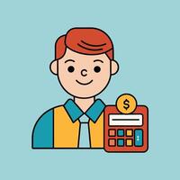 This is a cartoon image of a person with short red hair and a yellow suit and tie. They are sitting at a desk with a stack of books, a notepad, and a pen on it. vector