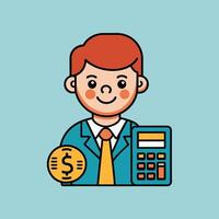 This is a cartoon image of a person with short red hair and a yellow suit and tie. They are sitting at a desk with a stack of books, a notepad, and a pen on it. vector