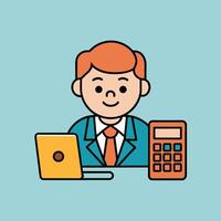 This is a cartoon image of a person with short red hair and a yellow suit and tie. They are sitting at a desk with a stack of books, a notepad, and a pen on it. vector