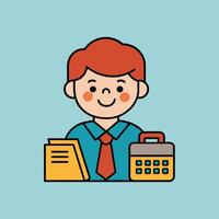 This is a cartoon image of a person with short red hair and a yellow suit and tie. They are sitting at a desk with a stack of books, a notepad, and a pen on it. vector