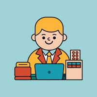 This is a cartoon image of a person with short red hair and a yellow suit and tie. They are sitting at a desk with a stack of books, a notepad, and a pen on it. vector