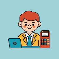 This is a cartoon image of a person with short red hair and a yellow suit and tie. They are sitting at a desk with a stack of books, a notepad, and a pen on it. vector