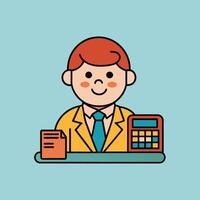 This is a cartoon image of a person with short red hair and a yellow suit and tie. They are sitting at a desk with a stack of books, a notepad, and a pen on it. vector