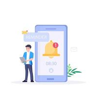 Smartphone with alarm clock reminder message on screen. New notice on the phone. Alert notification with notification bell. Important reminder. vector