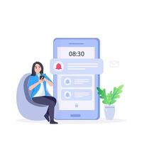 Smartphone with alarm clock reminder message on screen. New notice on the phone. Alert notification with notification bell. Important reminder. vector