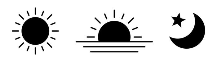 Time of the day signs. Rising and setting sun icon, crescent moon and stars, day and night time symbols. vector