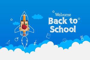 welcome back to school with sky background. pencil and bag with rocket through the clouds vector