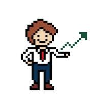 Cute pixel cartoon 8bit character business man businessman smart work life office game for decoration business 8 bit male career smart character game. vector