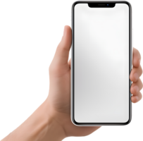 hand holding a white smartphone with blank screen on a transparent background png