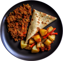a plate with a plate of food and a tortilla png