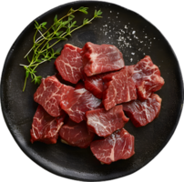 raw beef in a black plate on a transparent background png