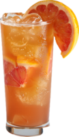 a glass of orange juice with a slice of grapefruit png