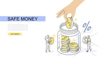Money jar full gold coins Isometric Concept. Use for web page, banner, infographics. Flat illustration editable line. vector