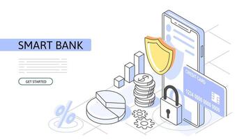 Mobile data security Isometric Concept. Use for web page, banner, infographics. Flat illustration editable line. Network Smartphone vector