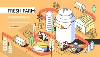 Agricultural farm Isometric Concept. Use for web page, banner, infographics. Flat illustration editable line. Cows on farmland vector