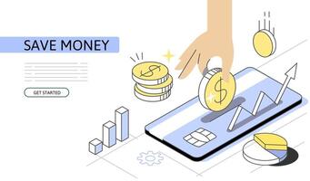 Save money Isometric Concept. Use for web page, banner, infographics. Flat illustration editable line. Hand puts coin in card. vector