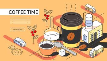 Coffe town Isometric Concept. Use for web page, banner, infographics. Flat illustration editable line. Paper coffee cup vector