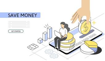 Save money Isometric Concept. Use for web page, banner, infographics. Flat illustration editable line. Hand puts coin in card. vector