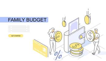 Wallet with money Isometric Concept. Use for web page, banner, infographics. Flat illustration editable line. People with Dollar Coin vector