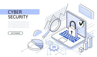 Laptop lock Isometric security Concept. Use for web page, banner, infographics. Flat illustration editable line. vector