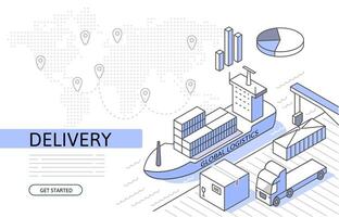 Ship cargo delivery Isometric Concept. Use for web page, banner, infographics. Flat illustration editable line. Business logistic vector
