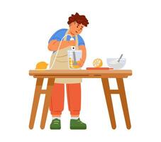 Boy in apron making a lemon filling using blender flat illustration isolated on white. Kid cooking. vector