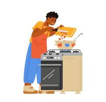 African American teenage boy making soup on a gas stove flat illustration isolated on white. Kid in apron putting vegetables in a pan. vector