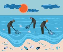 People cleaning sea and collects garbage from the water with a net. Volunteer polluted ocean water cleanup. The person is removing trash and waste from the lake. Urban eco pollution vector