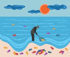 Throwing fishing net during sunrise. Man with black landing net looking for fish on a Baltic sea. A lot of fishes on a sandy Baltic beach. Sun and clouds. Flat design. Sunlight vector