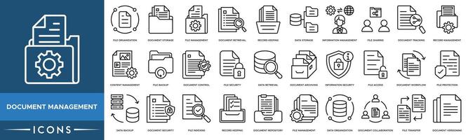 Document Management icon. File Organization, Document Storage, File Management, Document Retrieval, Record Keeping, Data Storage and Information Management vector